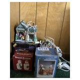 (3) Christmas Village pieces and S&P shakers