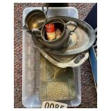Tin box, platters, flower frogs