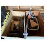 Crates, Electric cords, VHS player, radio and