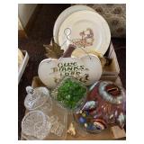 Marbles, glassware, piggy bank
