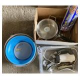 Pans, collapsible water bucket, kitchen items