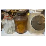 Milk jug, (2) glass jars