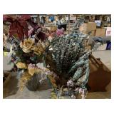 Artificial flowers, baskets, and wooden box