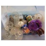 Miscellaneous glassware and collectibles in tote