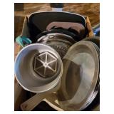 Pie plats, Pyrex bowls, enamelware, sifter and