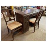 Wooden desk and (2) chairs