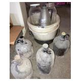 Glass jugs, plastic and metal dish pans