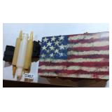 Patriotic basket, rolling pins, wrist weights