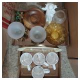 Brass candle holders, coffee cups, wood bowl w/lid