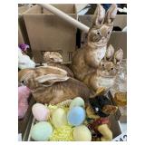Stuffed bunnies, ceramic bunny figurine