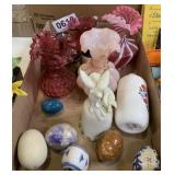 Fancy glass, collectible eggs, bell and more
