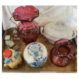 Red glass vases, urn, figurines