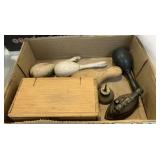 Darning eggs, miniature flat iron, and sewing box