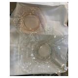 (7) Pink Depression glass plates & clear bowl