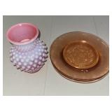 Hobnail ruby vase and (4) pink depression plates