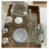 S&P shakers, glass grape decanter, glass dish, jar