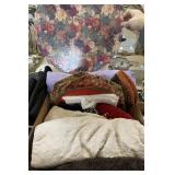 Small throw pillows, hat box, misc blankets, more