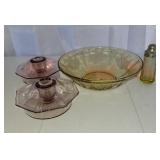 Yellow depression bowl, shaker, pink candle holder
