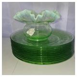 10-Green depression plates, opalescent spitoon
