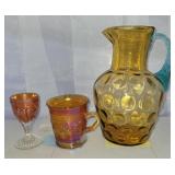 Thumbprint amber pitcher, Goblet and  orange cup