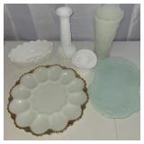 Milk glass vases, egg plate and more