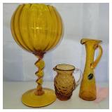 Amber glass rose bowl, pitcher, crackle glass vase