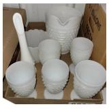 Fenton bud vase, Fire King ovenware, Milk glass