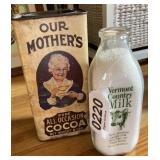 Vintage cocoa tin, Vermont milk bottle