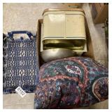 Pillow, plastic containers, metal breadbox