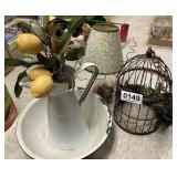 Jar lamp, birdcage , enamel pitcher and basin