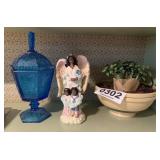 Flower bowl, angel figurine, and glassware