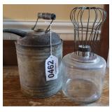 Galvanized can, oil lamp jar