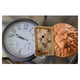 Clock, clay wall hanging, quilt sample