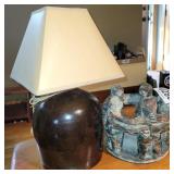 Crock lamp and pottery pc.