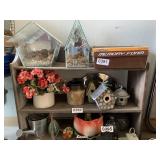Wooden book shelf, shells, and glass Terrarium