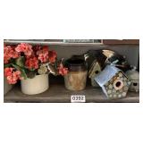 Decorative bird houses, crock, and more