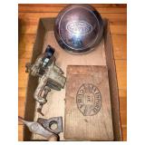 Vintage clamps, cigar box, Ford  hub cap
