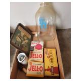 Vintage Jello boxes, Lawson's milk bottle, more