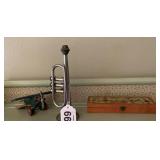Cast iron airplane, Metal toy trumpet, and box