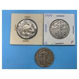(3) 1944 Walking Liberty Silver Dollars (1 is cut)