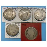 (5) Barber Silver Half Dollars