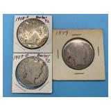 (3) Barber Silver Halves (1899, 1907-O, 1908-S)