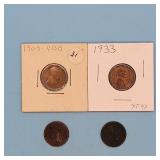 1866,1894 Indian Head Cents, 1909-P VDB, 1933 Cent