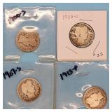 1900-S, 05-O, 07-S, 13-P Barber Quarters