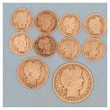 (8) Barber Dimes, (1) Barber Half and Quarter