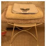 Metal stand, bathroom rugs and scale