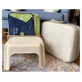 Suitcase, step stool and misc bags