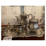 Silver tea kettles, serving tray and more