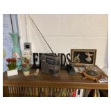 Wind up Radio, decor, particle board bookcase