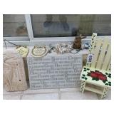 Garden thermometer, decorative chair, figurines
